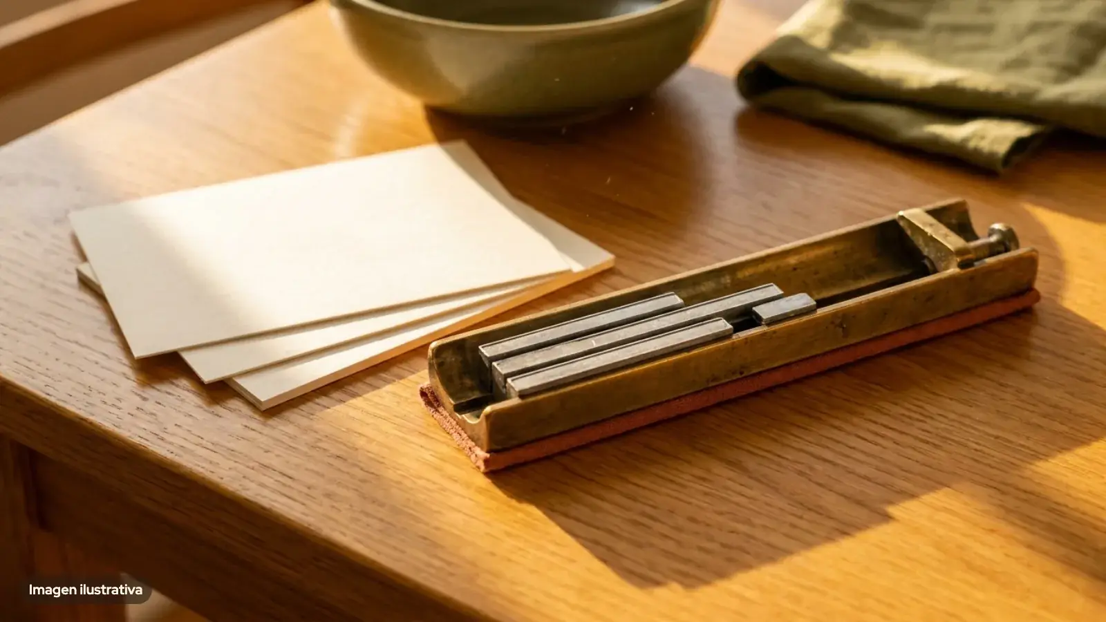 Foto ilustrativa de un componedor tipográfico de bronce con lingotes y tarjetas en blanco sobre una mesa de madera soleada. (imagen ilustrativa)