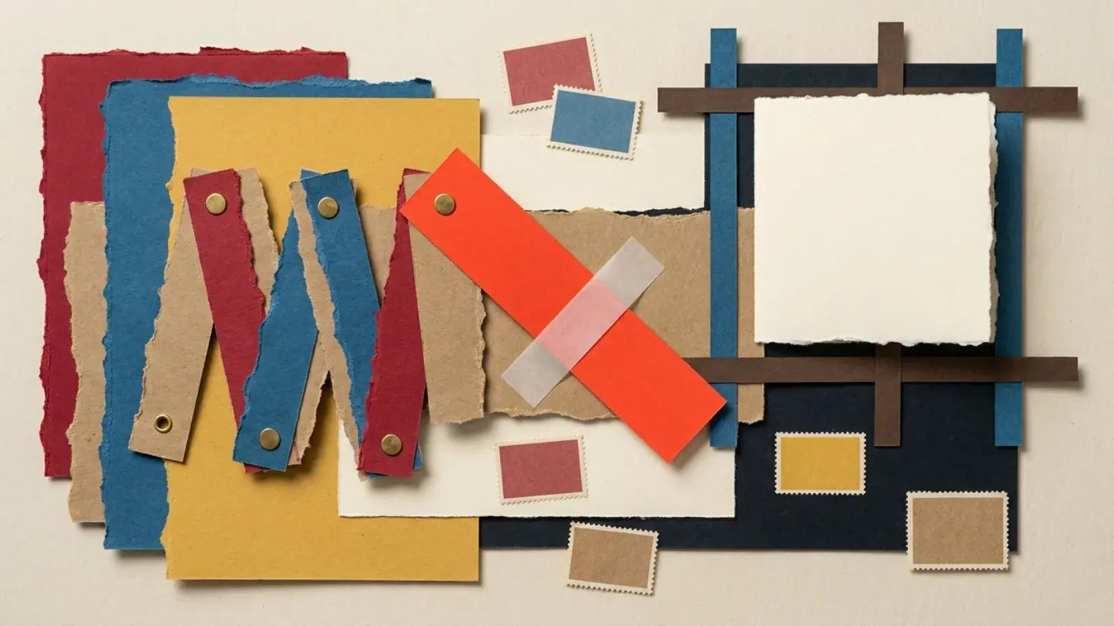 Collage de papel rasgado en plano cenital con tiras articuladas, cinta translúcida, pequeños sellos y un cuadrado blanco central.