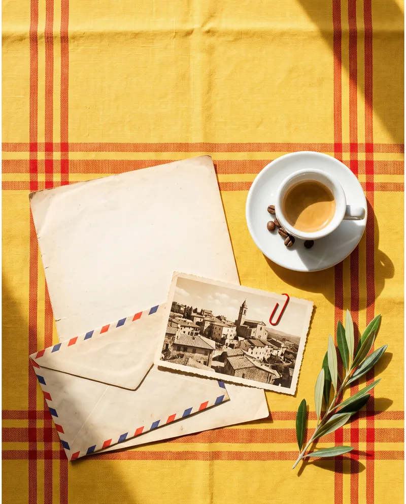 Papéis de uma família sobre uma toalha amarela ao meio-dia: uma folha em branco, um envelope de correio aéreo, fotos de um vilarejo italiano e de um navio, um café e um chimarrão