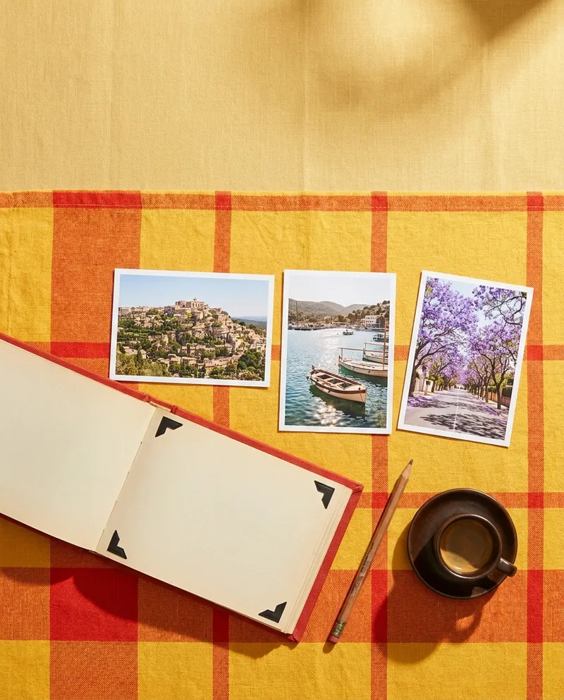 Um álbum de fotos aberto com três fotos de paisagens ao lado, prontas para organizar